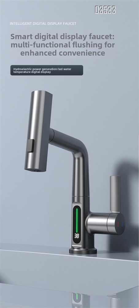 Modern Single-Hole  Pull Out Kitchen Sink Faucet Water Fall Mixer with Temperature Show Display for Hotels and Apartments