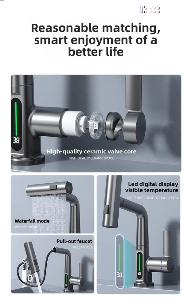 Modern Single-Hole  Pull Out Kitchen Sink Faucet Water Fall Mixer with Temperature Show Display for Hotels and Apartments