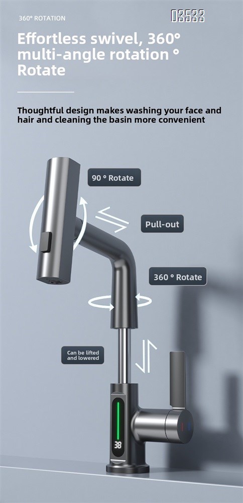 Modern Single-Hole  Pull Out Kitchen Sink Faucet Water Fall Mixer with Temperature Show Display for Hotels and Apartments