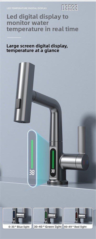 Modern Single-Hole  Pull Out Kitchen Sink Faucet Water Fall Mixer with Temperature Show Display for Hotels and Apartments