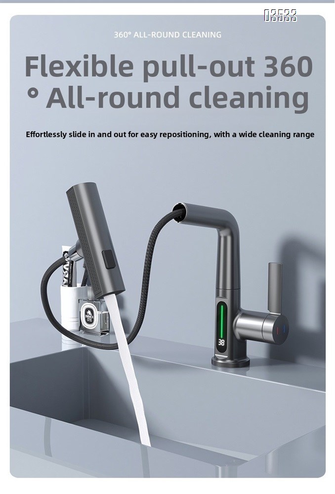 Modern Single-Hole  Pull Out Kitchen Sink Faucet Water Fall Mixer with Temperature Show Display for Hotels and Apartments