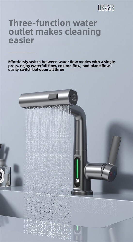 Modern Single-Hole  Pull Out Kitchen Sink Faucet Water Fall Mixer with Temperature Show Display for Hotels and Apartments