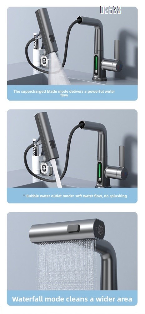 Modern Single-Hole  Pull Out Kitchen Sink Faucet Water Fall Mixer with Temperature Show Display for Hotels and Apartments