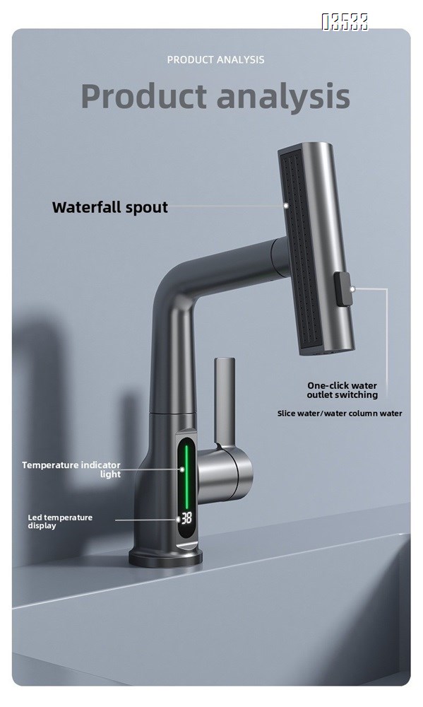 Modern Single-Hole  Pull Out Kitchen Sink Faucet Water Fall Mixer with Temperature Show Display for Hotels and Apartments