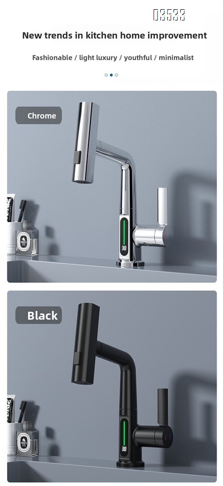 Modern Single-Hole  Pull Out Kitchen Sink Faucet Water Fall Mixer with Temperature Show Display for Hotels and Apartments