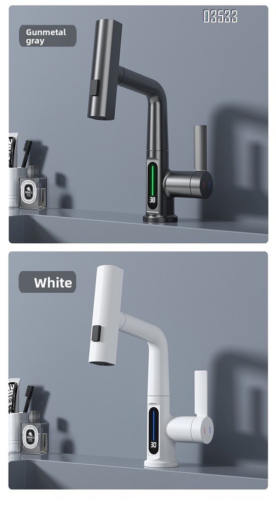 Modern Single-Hole  Pull Out Kitchen Sink Faucet Water Fall Mixer with Temperature Show Display for Hotels and Apartments