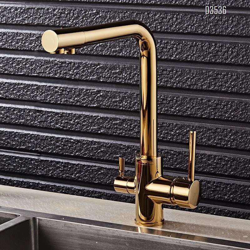 Pull Out Brass 3 Way Kitchen Faucets 360 Swivel Direct Drinking Double Handle Three in One Kitchen Sink Faucet