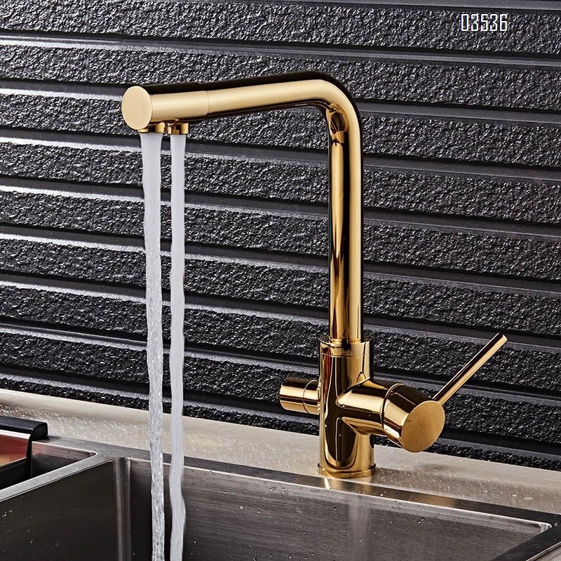 Pull Out Brass 3 Way Kitchen Faucets 360 Swivel Direct Drinking Double Handle Three in One Kitchen Sink Faucet