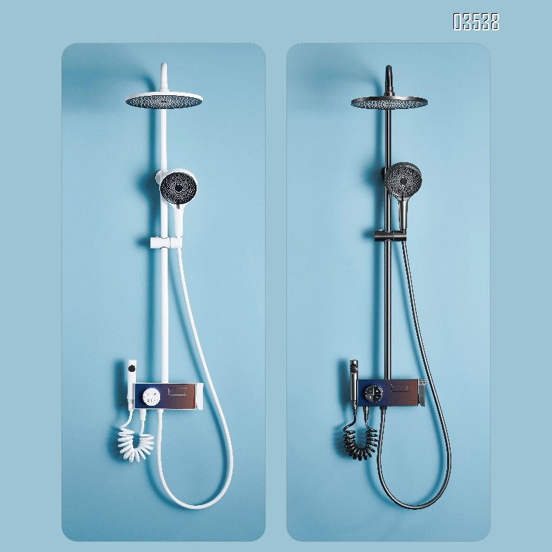Full Brass white shower faucet set with digital display for home use, cold and hot water four-function lift with spray