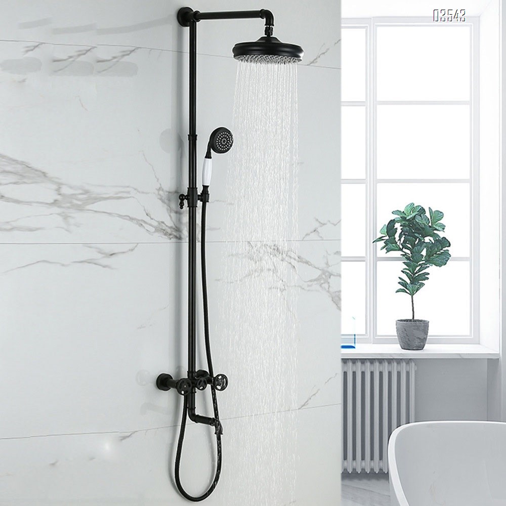 Retro industrial shower faucet set with exposed Brass black cold and hot wall-mounted three-function large shower faucet