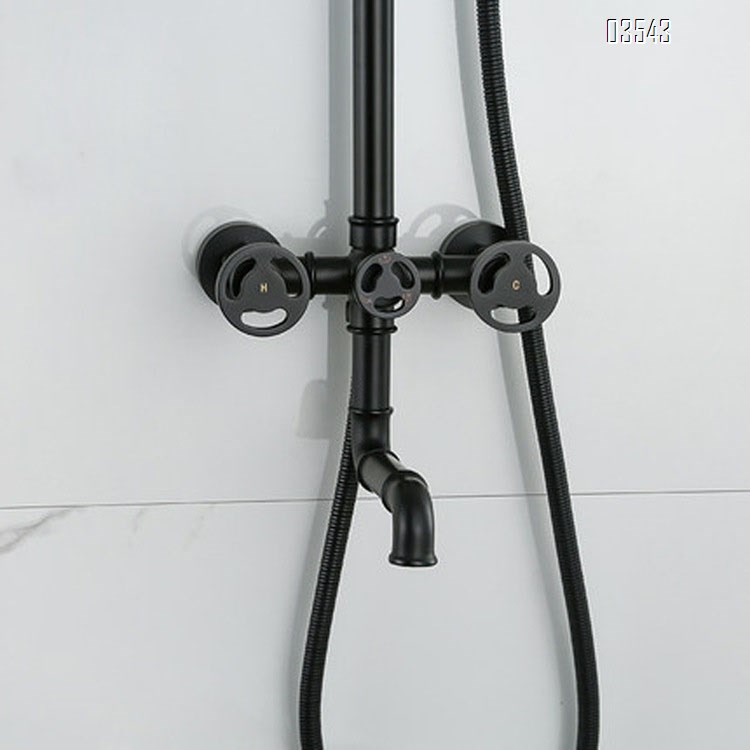 Retro industrial shower faucet set with exposed Brass black cold and hot wall-mounted three-function large shower faucet