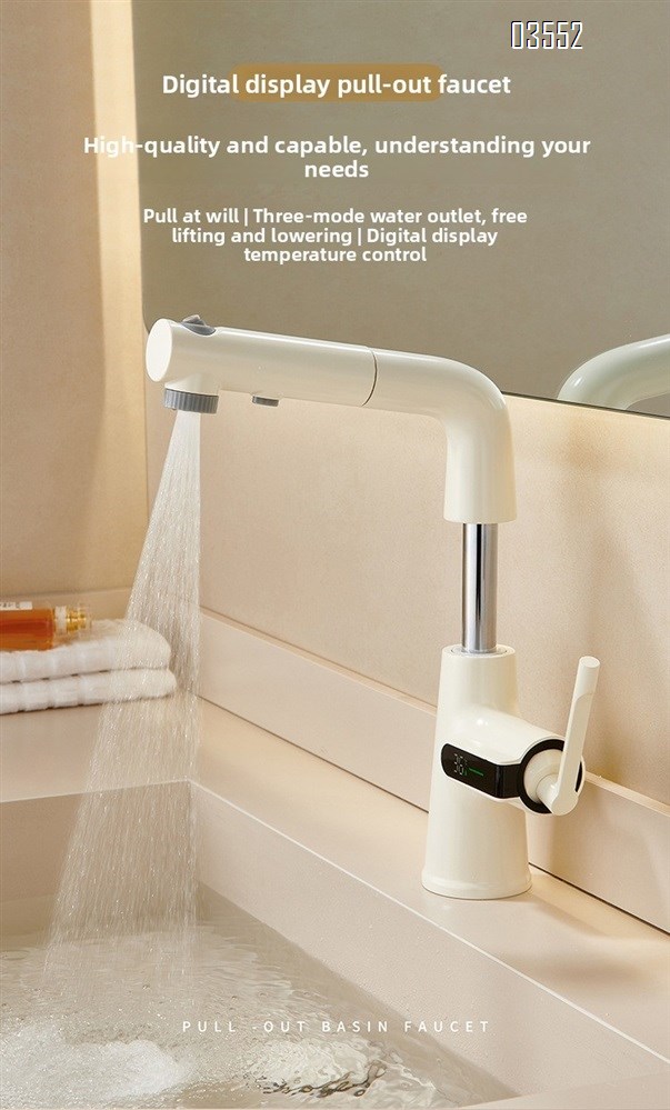 Multifunction 360° Rotating Extendable Kitchen Faucet Digital Led Temperature Display Faucet Bathroom Pull Out Basin Faucet