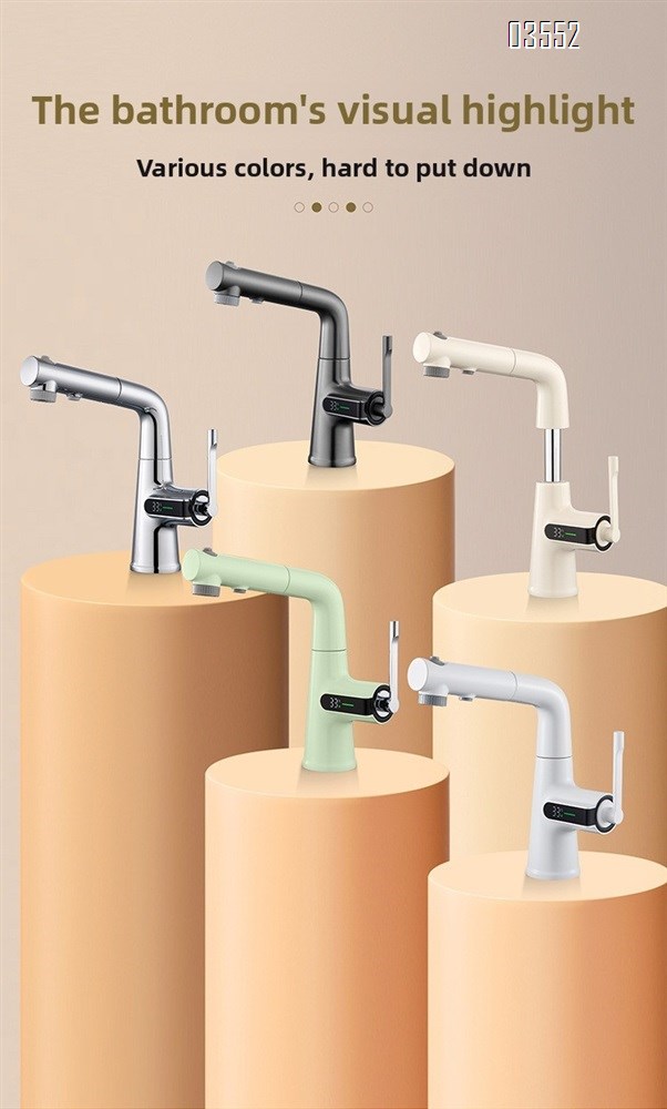 Multifunction 360° Rotating Extendable Kitchen Faucet Digital Led Temperature Display Faucet Bathroom Pull Out Basin Faucet