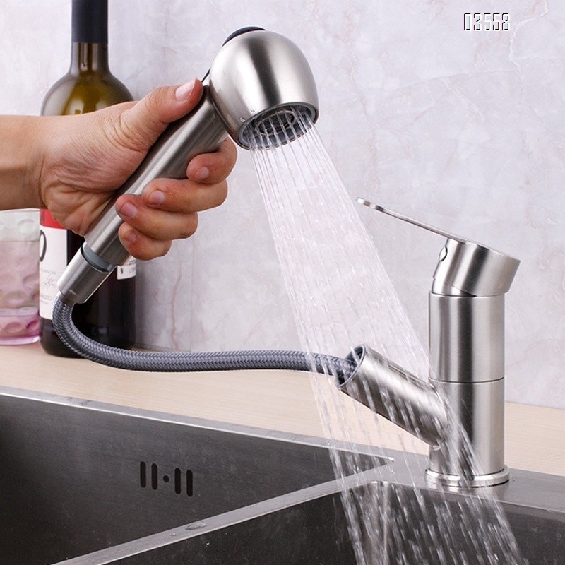 Modern Pull Out Basin Faucet with Dual Functions, Stainless Steel Basin Mixer,Brushed  Water Tap