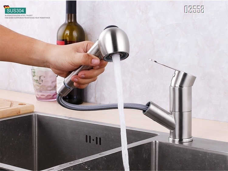 Modern Pull Out Basin Faucet with Dual Functions, Stainless Steel Basin Mixer,Brushed  Water Tap