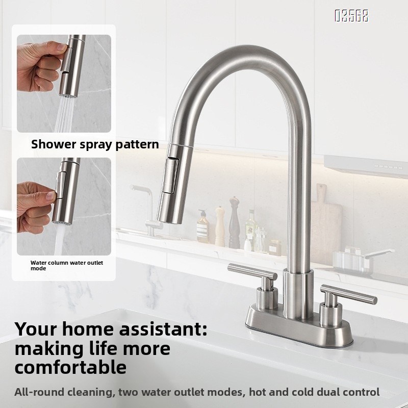 Modern Hot & Cold Kitchen Faucet Anti-Splash Pull-Out Ceramic Valve Handles Metered Faucets Brushed