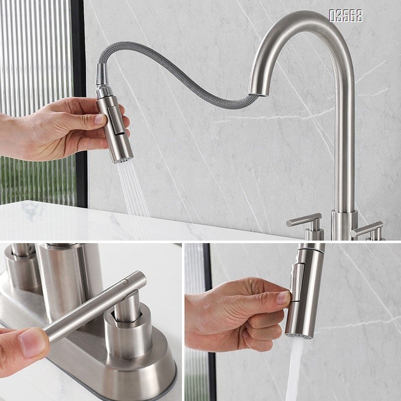 Modern Hot & Cold Kitchen Faucet Anti-Splash Pull-Out Ceramic Valve Handles Metered Faucets Brushed