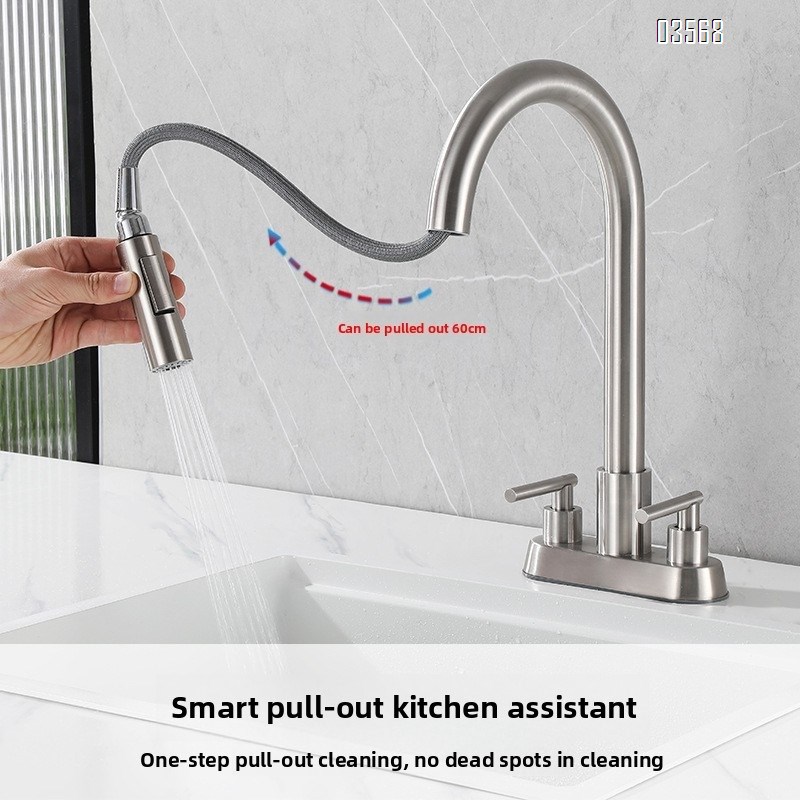 Modern Hot & Cold Kitchen Faucet Anti-Splash Pull-Out Ceramic Valve Handles Metered Faucets Brushed