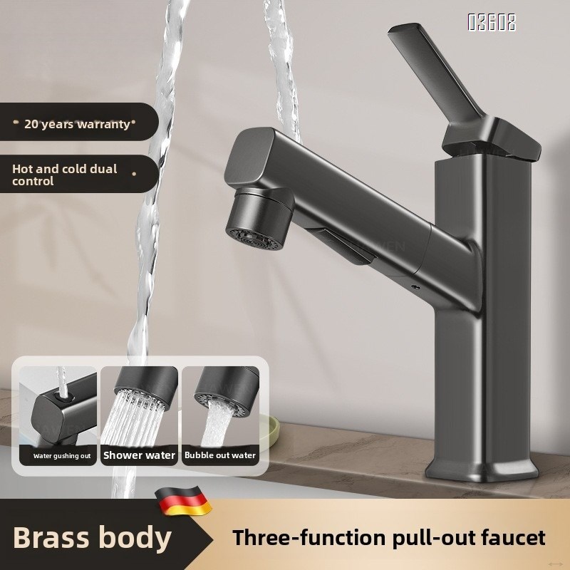 Modern Design 3- Spray Modes Pull Out Basin Faucet with Pipe Hot & Cold Mixer Taps for Bathroom Kitchen Sink