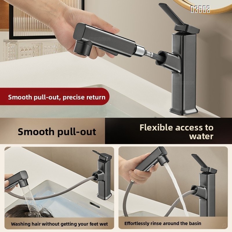 Modern Design 3- Spray Modes Pull Out Basin Faucet with Pipe Hot & Cold Mixer Taps for Bathroom Kitchen Sink