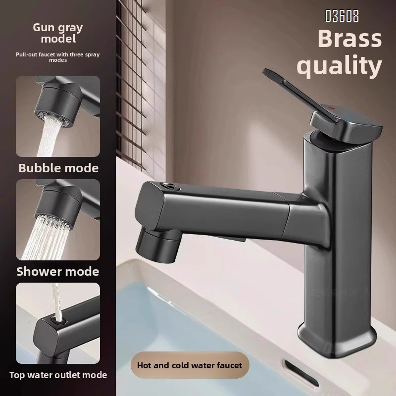 Modern Design 3- Spray Modes Pull Out Basin Faucet with Pipe Hot & Cold Mixer Taps for Bathroom Kitchen Sink