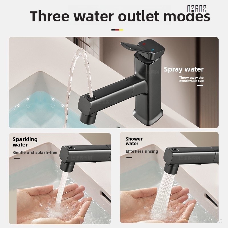 Modern Design 3- Spray Modes Pull Out Basin Faucet with Pipe Hot & Cold Mixer Taps for Bathroom Kitchen Sink