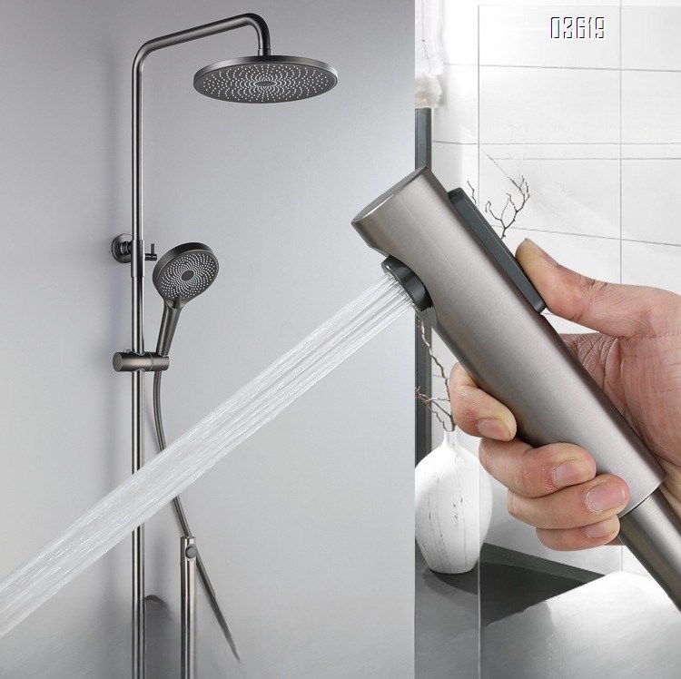 All-Brass Square Bathroom Shower Head Set High-Pressure Gun Gray Constant Temperature Shower Set