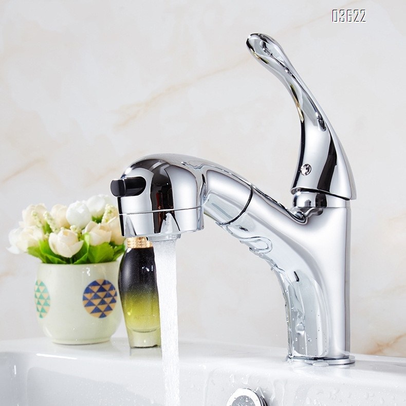 Modern Design Brass Pull Out Basin Faucet Dual Function with Switch Button Hot & Cold Mixer with Inlet Pipe for Bathroom Sink