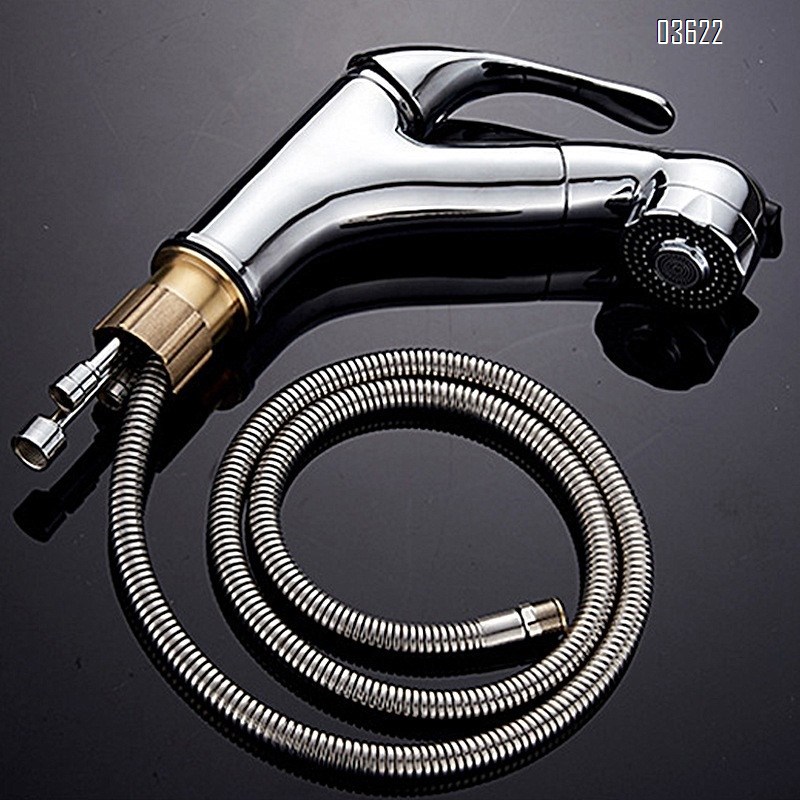 Modern Design Brass Pull Out Basin Faucet Dual Function with Switch Button Hot & Cold Mixer with Inlet Pipe for Bathroom Sink
