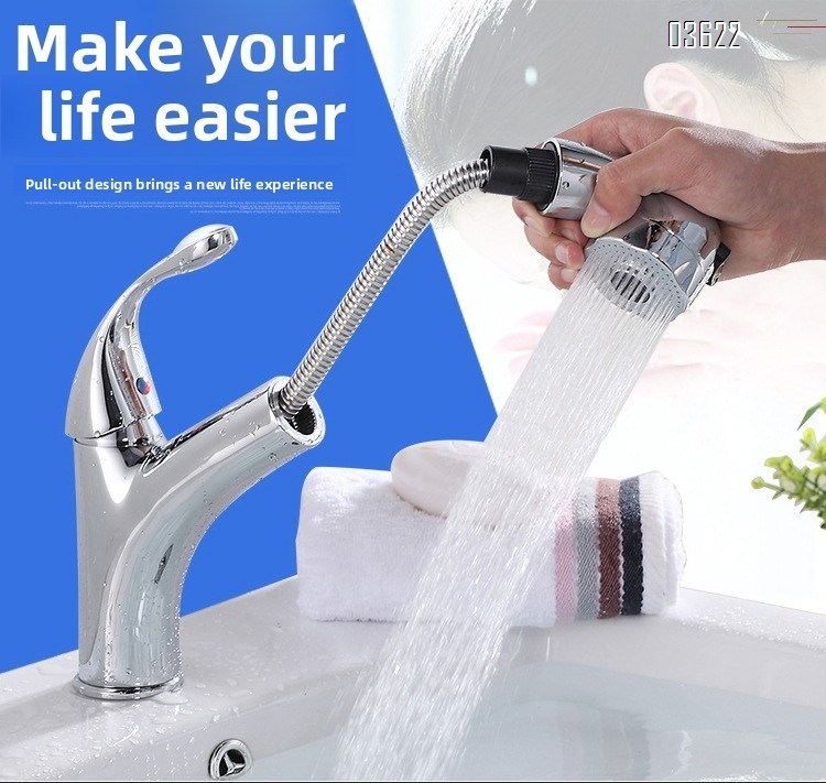 Modern Design Brass Pull Out Basin Faucet Dual Function with Switch Button Hot & Cold Mixer with Inlet Pipe for Bathroom Sink