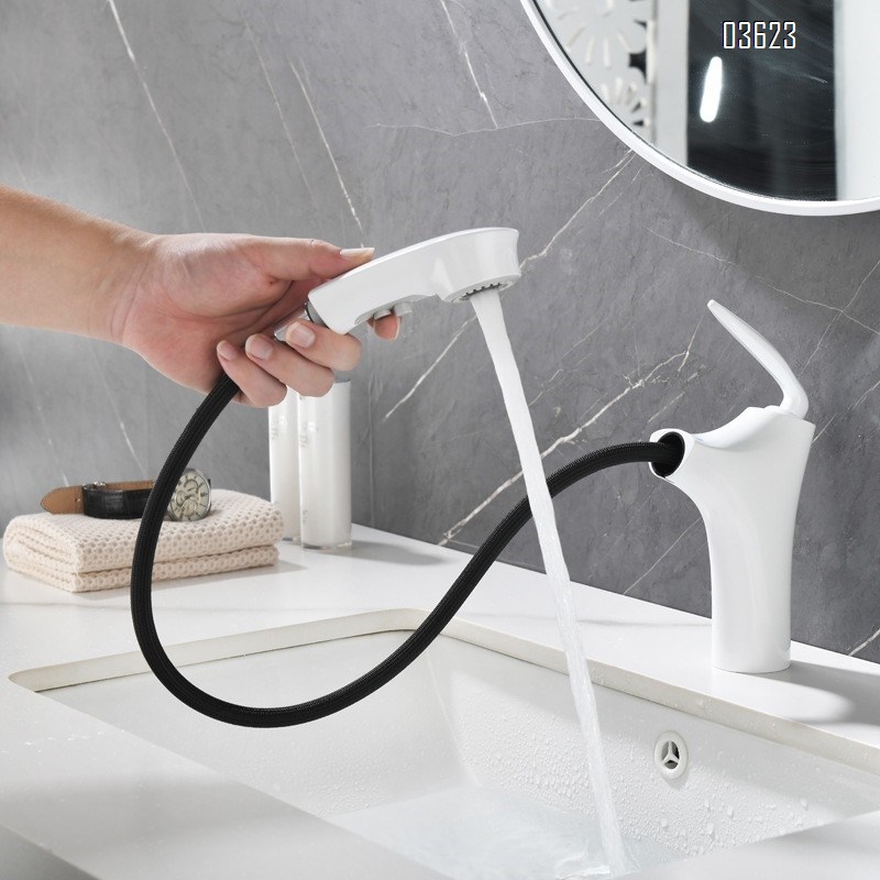 Modern White Brass Basin Faucet Dual Function  with Ceramic Core Pull-Out Hot & Cold Water for Kitchen Sink Bathroom Wash Basin
