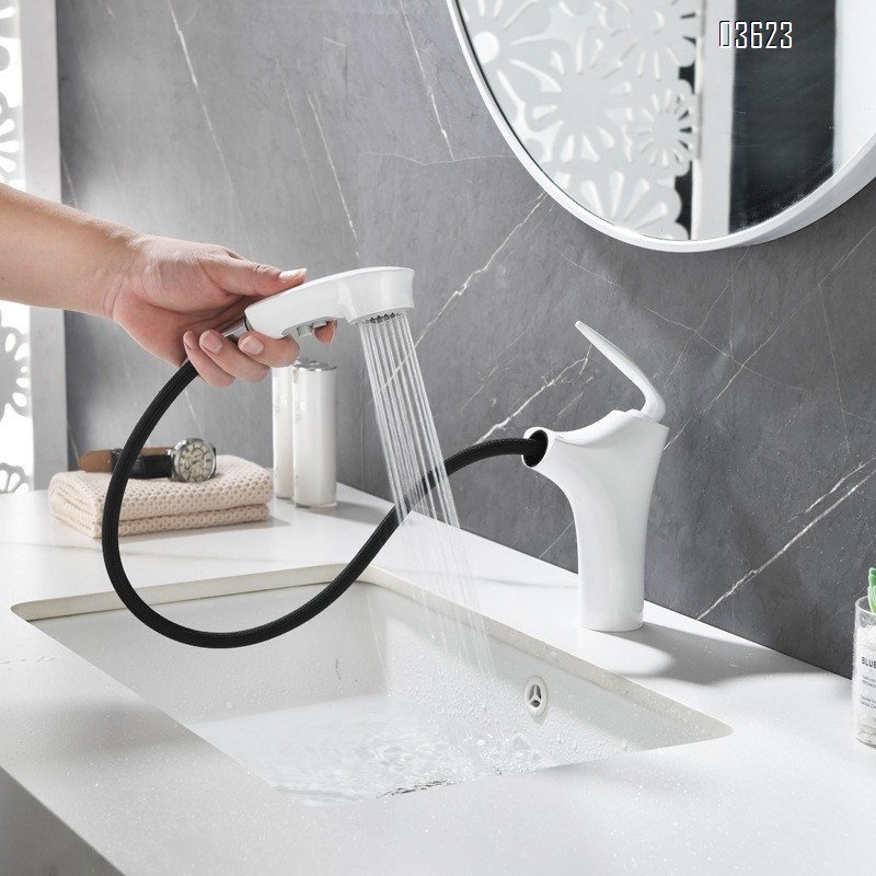 Modern White Brass Basin Faucet Dual Function  with Ceramic Core Pull-Out Hot & Cold Water for Kitchen Sink Bathroom Wash Basin