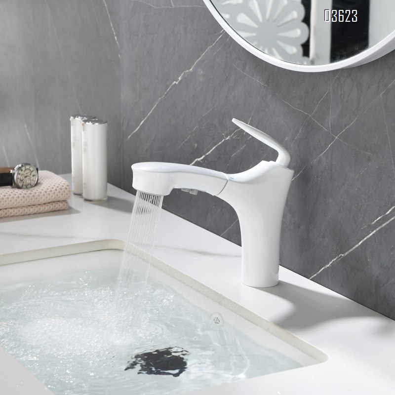 Modern White Brass Basin Faucet Dual Function  with Ceramic Core Pull-Out Hot & Cold Water for Kitchen Sink Bathroom Wash Basin