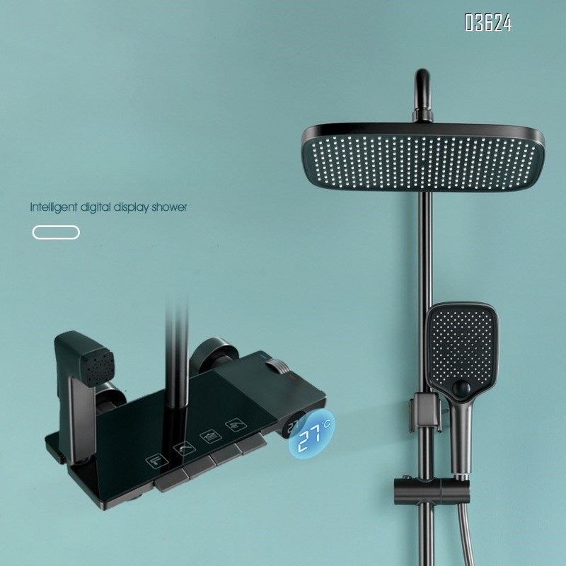 Gun Grey Brass Body Shower Set with Intelligent Digital Display and Four-Function Button Shower Head Set