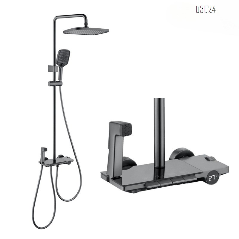 Gun Grey Brass Body Shower Set with Intelligent Digital Display and Four-Function Button Shower Head Set