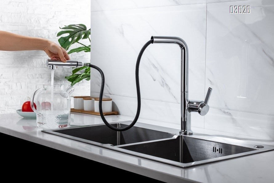 Multi-function Pull Out Kitchen Faucet with Switch Button Single Handle Deck - Mounted Kitchen Mixer Tap with Ceramic Cartridge