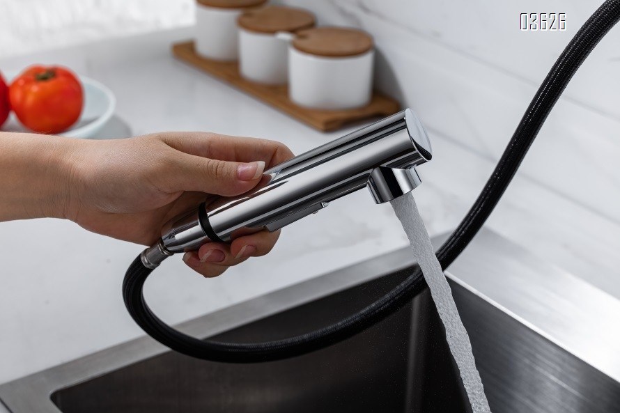 Multi-function Pull Out Kitchen Faucet with Switch Button Single Handle Deck - Mounted Kitchen Mixer Tap with Ceramic Cartridge