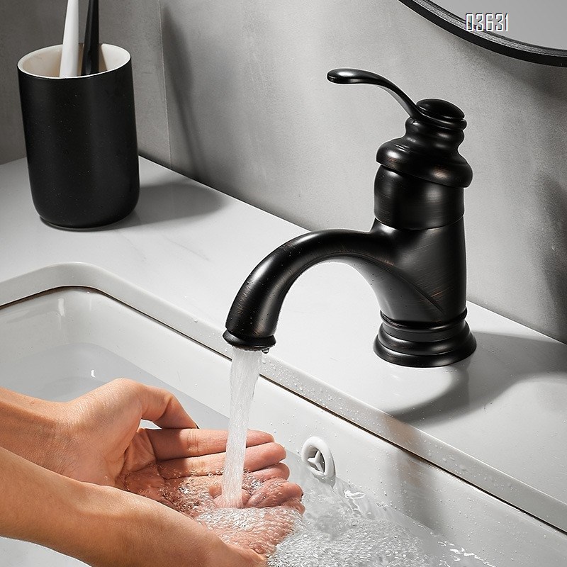 Black Brass Basin Faucet Single-Hole Basin Tap Deck Mounted Bathroom Hot and Cold Mixer Faucet with Ceramic Cartridge for Basin