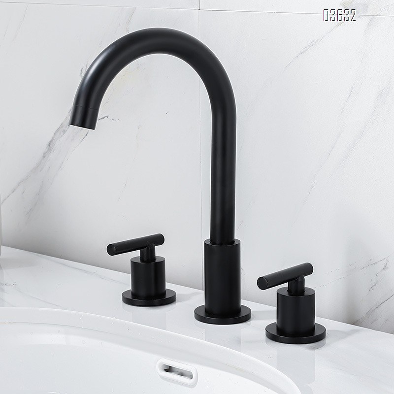 Matte Black 3 Holes Basin Faucet Wash Hand Water Tap Dual Handle 360° Rotatable  Deck - Mounted Basin Faucet for Bathroom