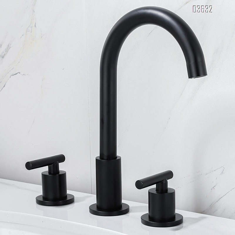 Matte Black 3 Holes Basin Faucet Wash Hand Water Tap Dual Handle 360° Rotatable  Deck - Mounted Basin Faucet for Bathroom