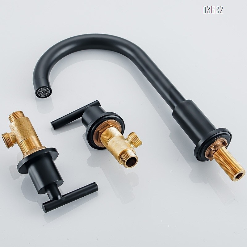 Matte Black 3 Holes Basin Faucet Wash Hand Water Tap Dual Handle 360° Rotatable  Deck - Mounted Basin Faucet for Bathroom