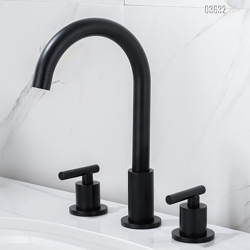 Matte Black 3 Holes Basin Faucet Wash Hand Water Tap Dual Handle 360° Rotatable  Deck - Mounted Basin Faucet for Bathroom