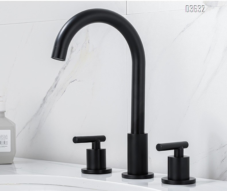 Matte Black 3 Holes Basin Faucet Wash Hand Water Tap Dual Handle 360° Rotatable  Deck - Mounted Basin Faucet for Bathroom