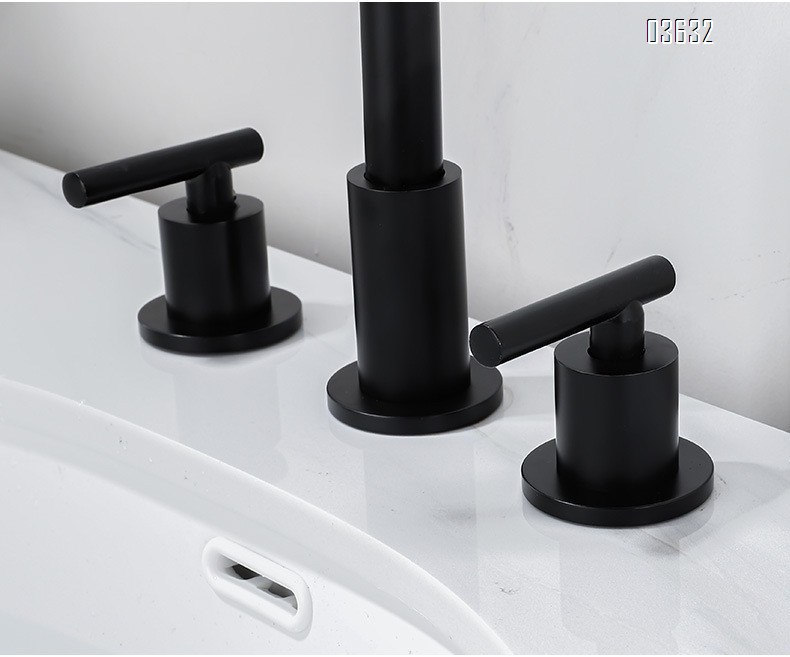 Matte Black 3 Holes Basin Faucet Wash Hand Water Tap Dual Handle 360° Rotatable  Deck - Mounted Basin Faucet for Bathroom