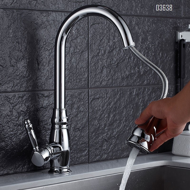 Modern Design Flexible Brass Chrome Pull Out Kitchen Sink Faucet Dual Spray Mode Hot and Cold Mixers Taps Kitchen Faucets