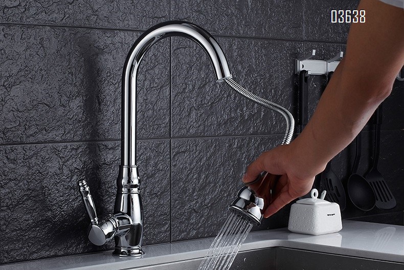 Modern Design Flexible Brass Chrome Pull Out Kitchen Sink Faucet Dual Spray Mode Hot and Cold Mixers Taps Kitchen Faucets