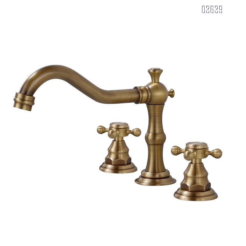 European Design Dual Handle 3 Holes Basin Faucet Deck Mounted Antique Brass Luxury Home Bathroom Antique Vanity Sink Faucet