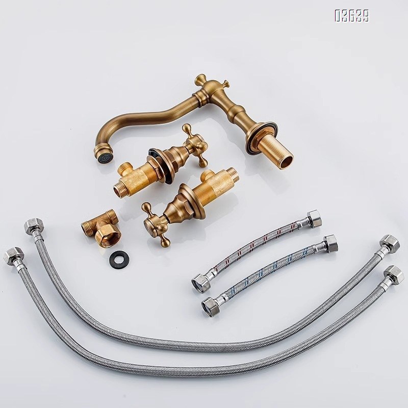 European Design Dual Handle 3 Holes Basin Faucet Deck Mounted Antique Brass Luxury Home Bathroom Antique Vanity Sink Faucet