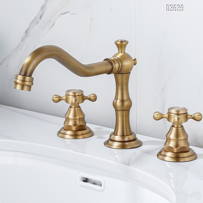 European Design Dual Handle 3 Holes Basin Faucet Deck Mounted Antique Brass Luxury Home Bathroom Antique Vanity Sink Faucet