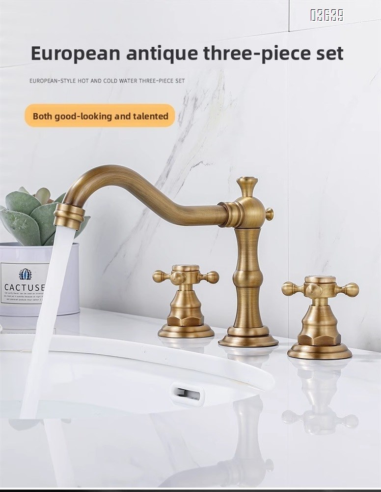 European Design Dual Handle 3 Holes Basin Faucet Deck Mounted Antique Brass Luxury Home Bathroom Antique Vanity Sink Faucet